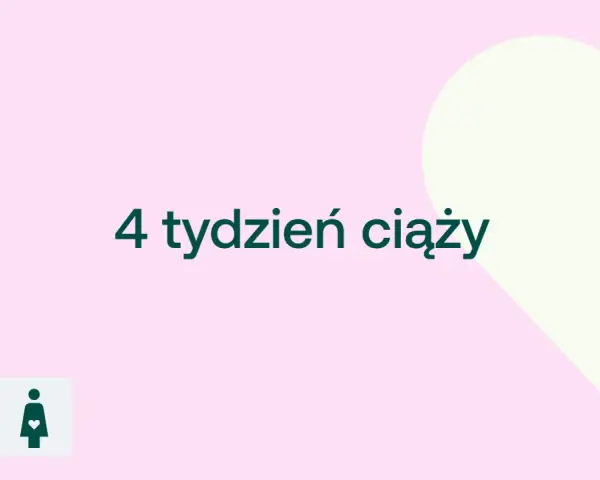 4 tydzień ciąży usg co widać. Na jasnoróżowym tle, z boku serce, tekst "4 tydzień ciąży", ikony D+ i kobiety w ciąży.